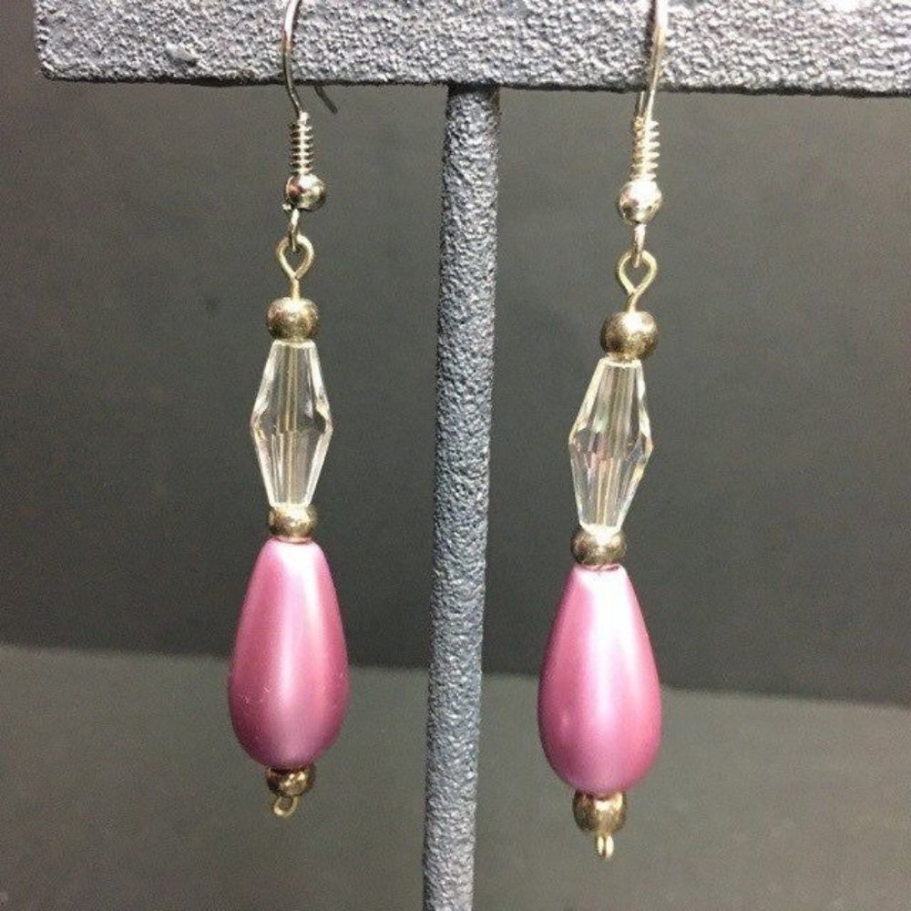 Dangle Pierced Earrings Purple Clear Faceted Silver Retro BoHo